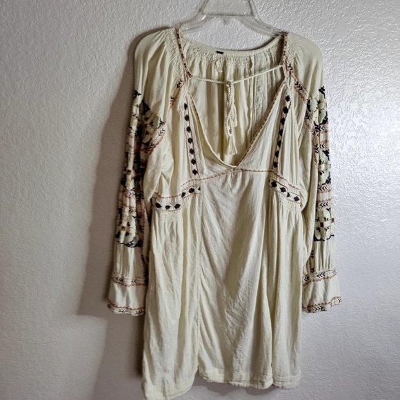Free People All My Life Embroidered Bohemain deep v neck mini Dress sz L - Picture 2 of 10
